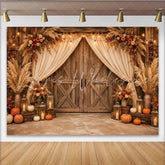 Lofaris Rustic Barn Door Photography Backdrop with Fall Flowers Pampas Grass and Pumpkins Autumn Harvest Photo Booth Background for Studio