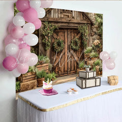 Lofaris’ Rustic Barn Door Photography Backdrop with Greenery and Floral Wreaths Vintage Farmhouse Background for Studio Photoshoot