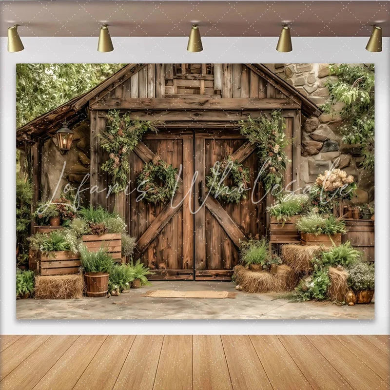Lofaris’ Rustic Barn Door Photography Backdrop with Greenery and Floral Wreaths Vintage Farmhouse Background for Studio Photoshoot