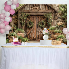 Lofaris’ Rustic Barn Door Photography Backdrop with Greenery and Floral Wreaths Vintage Farmhouse Background for Studio Photoshoot