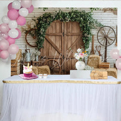 Lofaris Rustic Barn Door Photography Backdrop with Greenery and Hay Bales Farmhouse Style Background for Studio Photoshoot