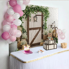 Lofaris Rustic Barn Door Photography Backdrop with Greenery and White Brick Wall Elegant Studio Background for Farmhouse Theme Photoshoot