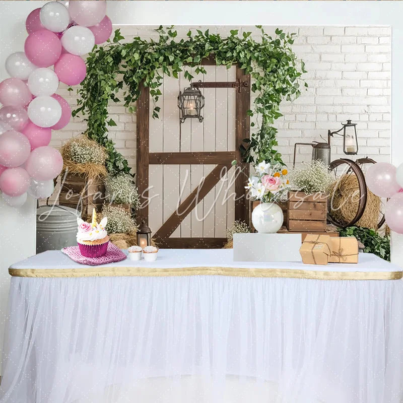 Lofaris Rustic Barn Door Photography Backdrop with Greenery and White Brick Wall Elegant Studio Background for Farmhouse Theme Photoshoot