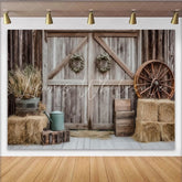 Lofaris Rustic Barn Door Photography Backdrop with Hay Bales and Wagon Wheel Vintage Farmhouse Background for Studio Decor