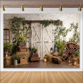 Lofaris Rustic Barn Door Photography Backdrop with White Brick Wall and Green Ivy Vintage for Studio Portrait and Event Decor