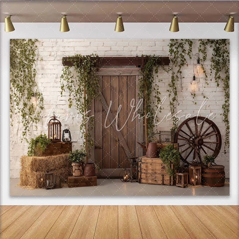 Lofaris Rustic Barn Door Photography Backdrop with White Brick Wall and Ivy Farmhouse Wood Background for Studio Photoshoot and Party Decor