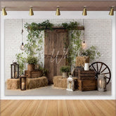 Lofaris Rustic Barn Door Photography Backdrop with White Brick Wall Farmhouse Style Background for Studio Photoshoot
