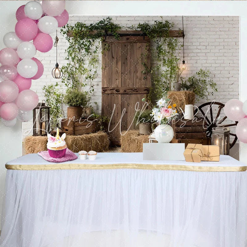 Lofaris Rustic Barn Door Photography Backdrop with White Brick Wall Farmhouse Style Background for Studio Photoshoot