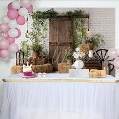 Lofaris Rustic Barn Door Photography Backdrop with White Brick Wall Farmhouse Style Background for Studio Photoshoot