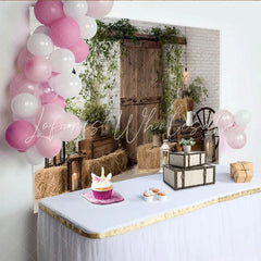 Lofaris Rustic Barn Door Photography Backdrop with White Brick Wall Farmhouse Style Background for Studio Photoshoot