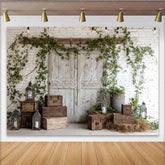 Lofaris Rustic Barn Door Photography Backdrop with White Brick Wall Vintage Wood Background for Studio and Event Decor