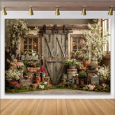 Lofaris Rustic Barn Door Spring Garden Photography Backdrop with Blooming Flowers Greenery Charming Wooden Background for Photoshoot