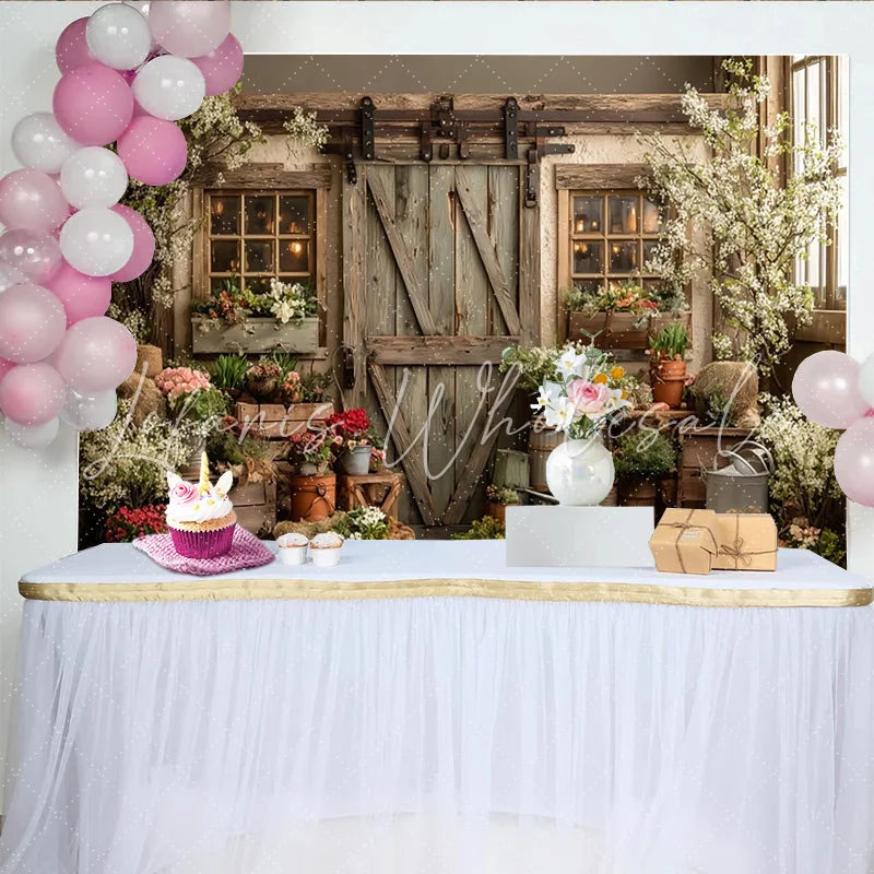 Lofaris Rustic Barn Door Spring Garden Photography Backdrop with Blooming Flowers Greenery Charming Wooden Background for Photoshoot