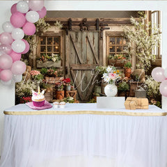 Lofaris Rustic Barn Door Spring Garden Photography Backdrop with Blooming Flowers Greenery Charming Wooden Background for Photoshoot
