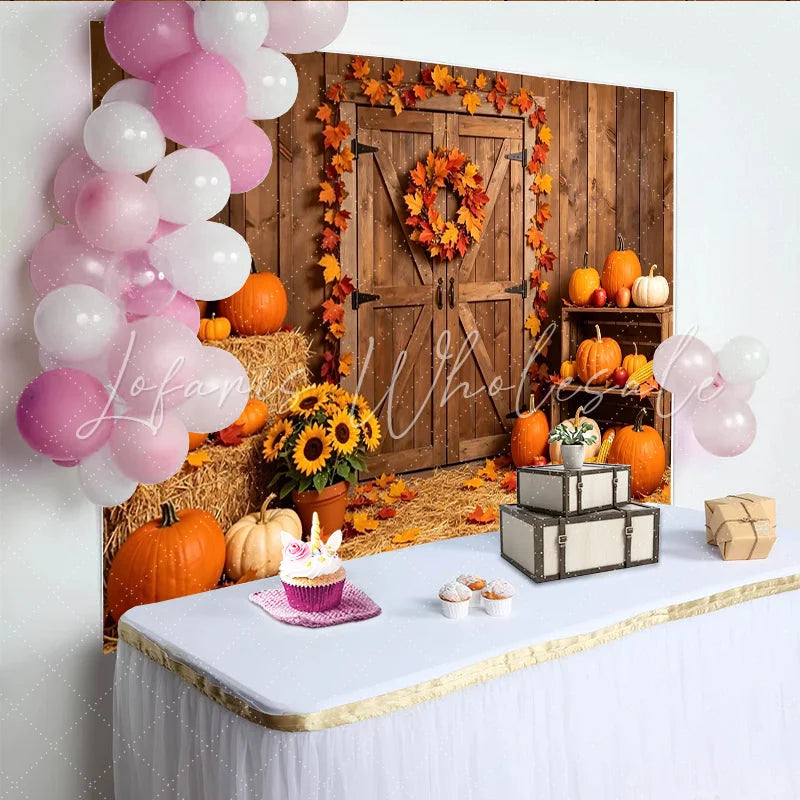 Lofaris Rustic Barn Door Thanksgiving Backdrop with Pumpkins and Autumn Leaves Harvest Fall Festival Party Decor