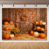 Lofaris Rustic Barn Door Thanksgiving Backdrop with Pumpkins and Autumn Leaves Harvest Fall Festival Party Decor