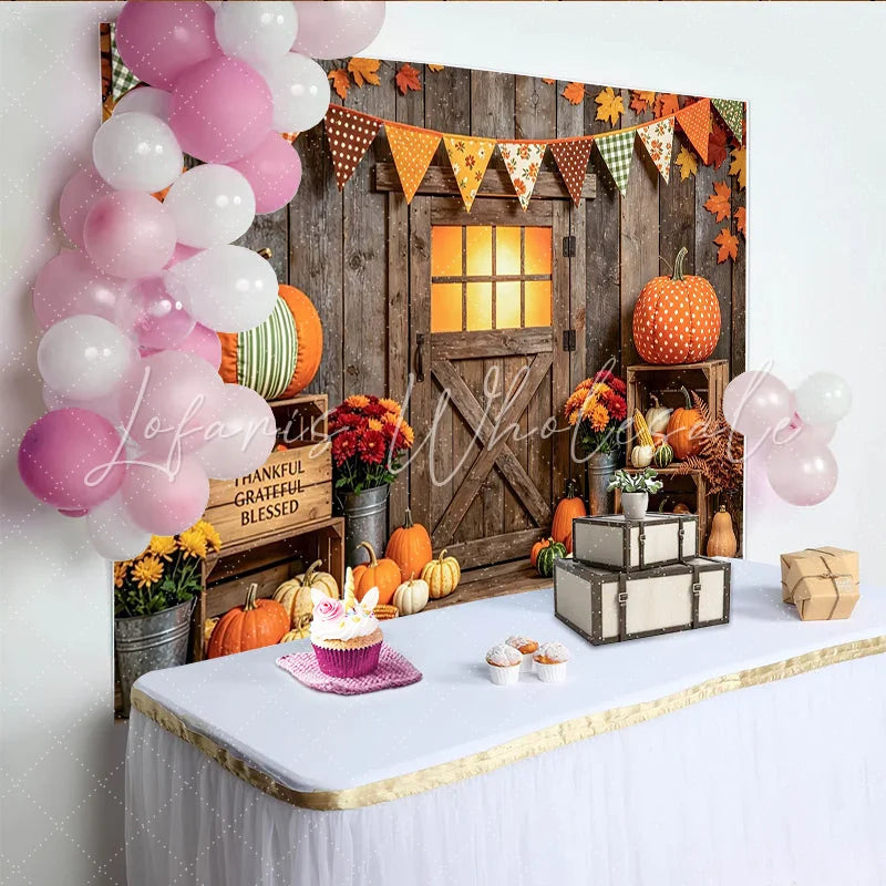Lofaris Rustic Barn Door Thanksgiving Backdrop with Pumpkins and Fall Leaves Cozy Harvest Photo Background for Autumn Party Decor