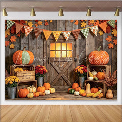 Lofaris Rustic Barn Door Thanksgiving Backdrop with Pumpkins and Fall Leaves Cozy Harvest Photo Background for Autumn Party Decor