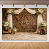 Lofaris Rustic Barn Door Wedding Backdrop with Elegant Floral Drapes Romantic Lanterns Photography Background for Bridal Shower