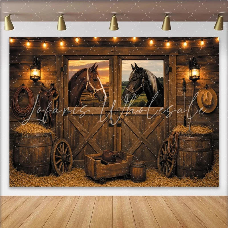 Lofaris Rustic Barn Horse Photography Backdrop with String Lights Western Farmhouse Studio Background for Photo Booth Props