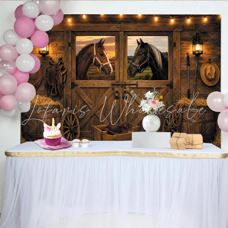 Lofaris Rustic Barn Horse Photography Backdrop with String Lights Western Farmhouse Studio Background for Photo Booth Props