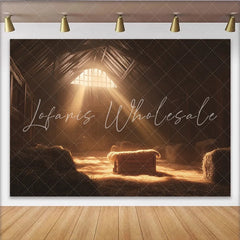 Lofaris Rustic Barn Nativity Christmas Backdrop with Golden Light and Hay Manger Scene Photography Background for Holiday Celebration