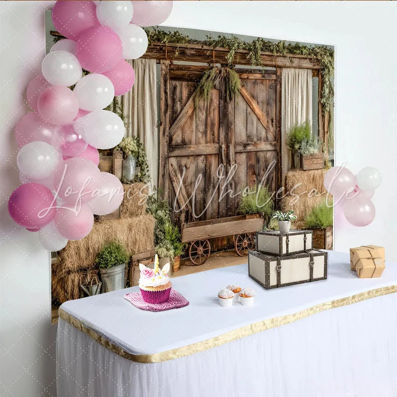 Lofaris Rustic Barn Photography Backdrop with Hay Bales and Greenery Charming Farmhouse Background for Studio Photoshoot