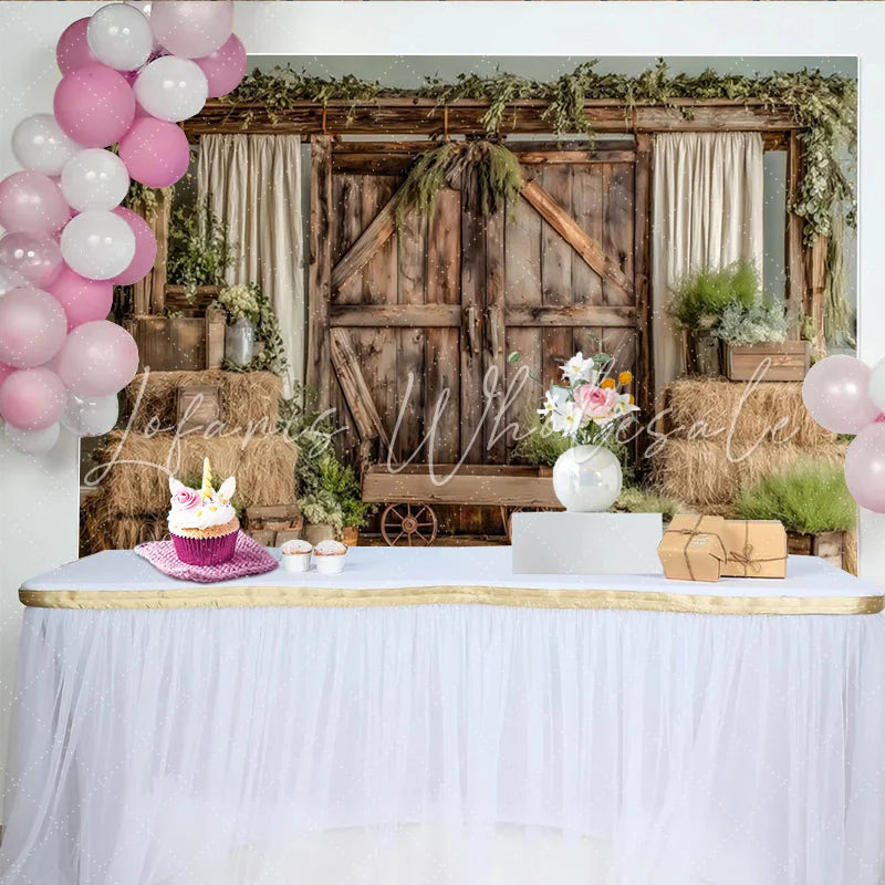 Lofaris Rustic Barn Photography Backdrop with Hay Bales and Greenery Charming Farmhouse Background for Studio Photoshoot