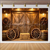 Lofaris Rustic Barn Photography Backdrop with Wagon Wheels and Hay Bales Warm Wooden Background for Studio Photoshoot