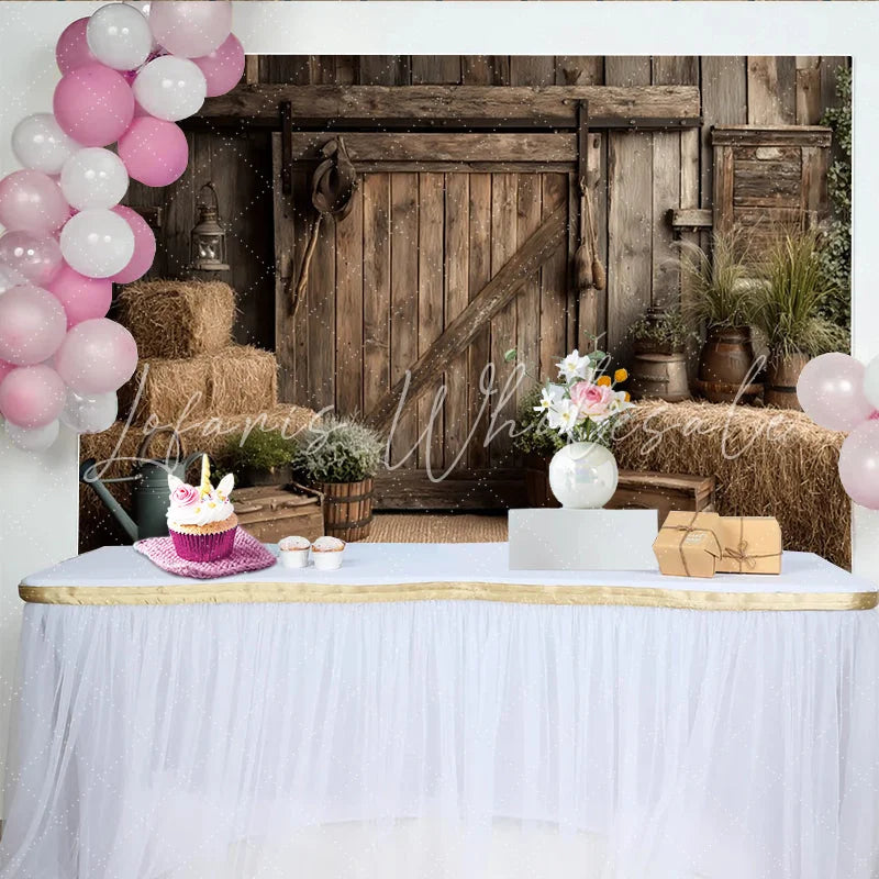 Lofaris Rustic Barn Photography Backdrop with Weathered Wood Hay Bales and Potted Plants Farmhouse Background for Studio Photoshoot
