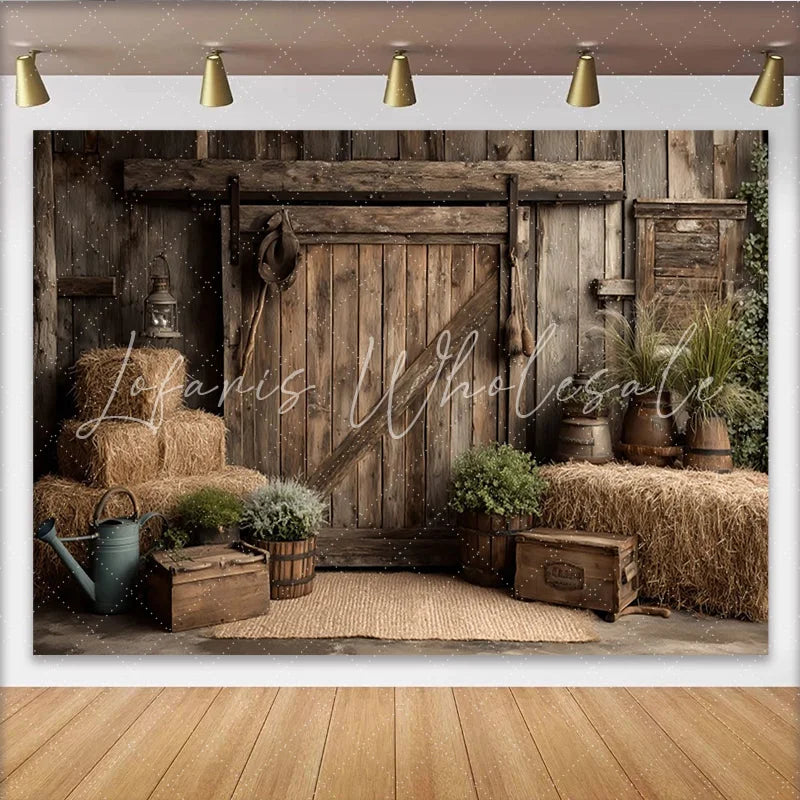 Lofaris Rustic Barn Photography Backdrop with Weathered Wood Hay Bales and Potted Plants Farmhouse Background for Studio Photoshoot