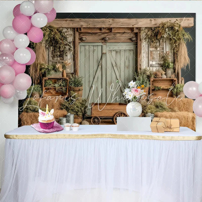 Lofaris Rustic Barn Photography Backdrop with Wooden Door and Hay Bales Natural Farmhouse Background for Studio Photoshoot