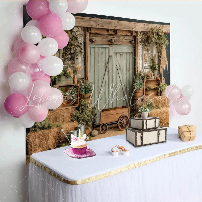 Lofaris Rustic Barn Photography Backdrop with Wooden Door and Hay Bales Natural Farmhouse Background for Studio Photoshoot