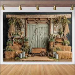 Lofaris Rustic Barn Photography Backdrop with Wooden Door and Hay Bales Natural Farmhouse Background for Studio Photoshoot