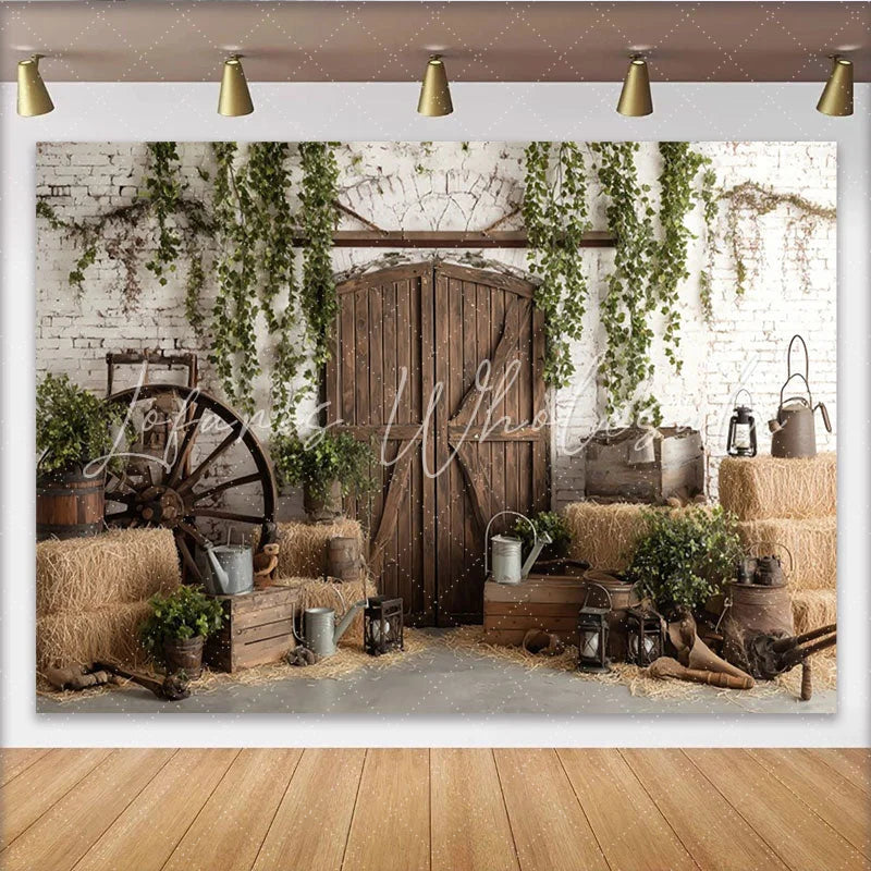 Lofaris Rustic Barn Photography Backdrop with Wooden Doors and White Brick Wall Charming Farmhouse Background for Studio Photoshoots