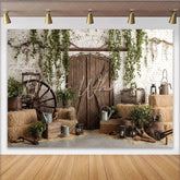 Lofaris Rustic Barn Photography Backdrop with Wooden Doors and White Brick Wall Charming Farmhouse Background for Studio Photoshoots