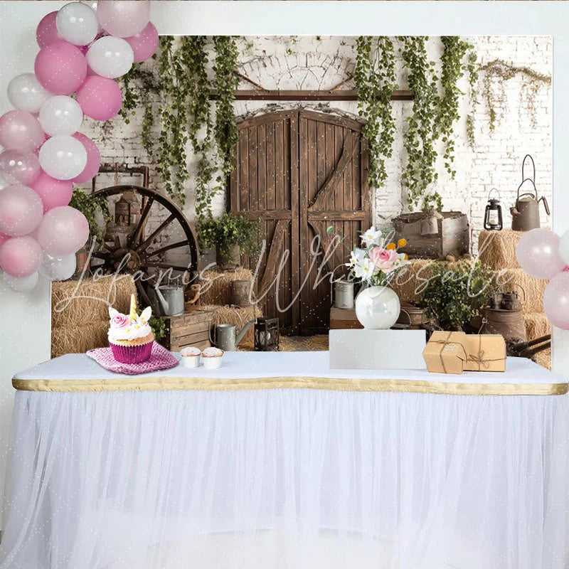 Lofaris Rustic Barn Photography Backdrop with Wooden Doors and White Brick Wall Charming Farmhouse Background for Studio Photoshoots