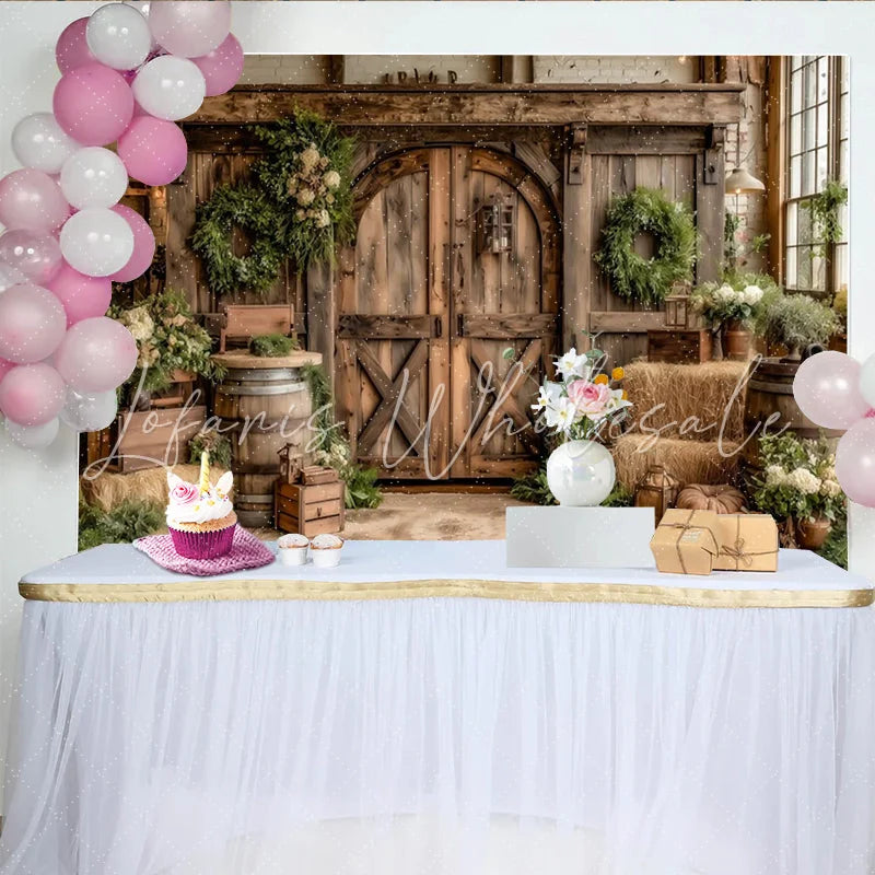 Lofaris Rustic Barn Photography Backdrop with Wooden Doors Hay Bales and Greenery Farmhouse Studio Background for Autumn Photoshoot