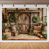 Lofaris Rustic Barn Photography Backdrop with Wooden Doors Hay Bales and Greenery Farmhouse Studio Background for Autumn Photoshoot