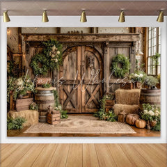 Lofaris Rustic Barn Photography Backdrop with Wooden Doors Hay Bales and Greenery Farmhouse Studio Background for Autumn Photoshoot
