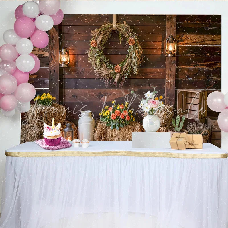 Lofaris Rustic Barn Wood Photography Backdrop with Wreath and Lanterns Farmhouse Hay Bales Background for Studio Photoshoot and Party Decor