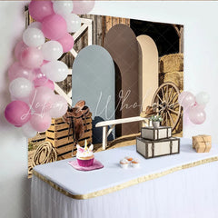 Lofaris Rustic Barn Wood Western Photography Backdrop with Hay Bales and Wagon Wheel Earthy Arch Panels for Studio Photoshoot