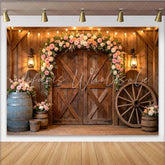 Lofaris Rustic Barn Wooden Door Floral Arch Photography Backdrop with String Lights and Wagon Wheel Elegant Event Background