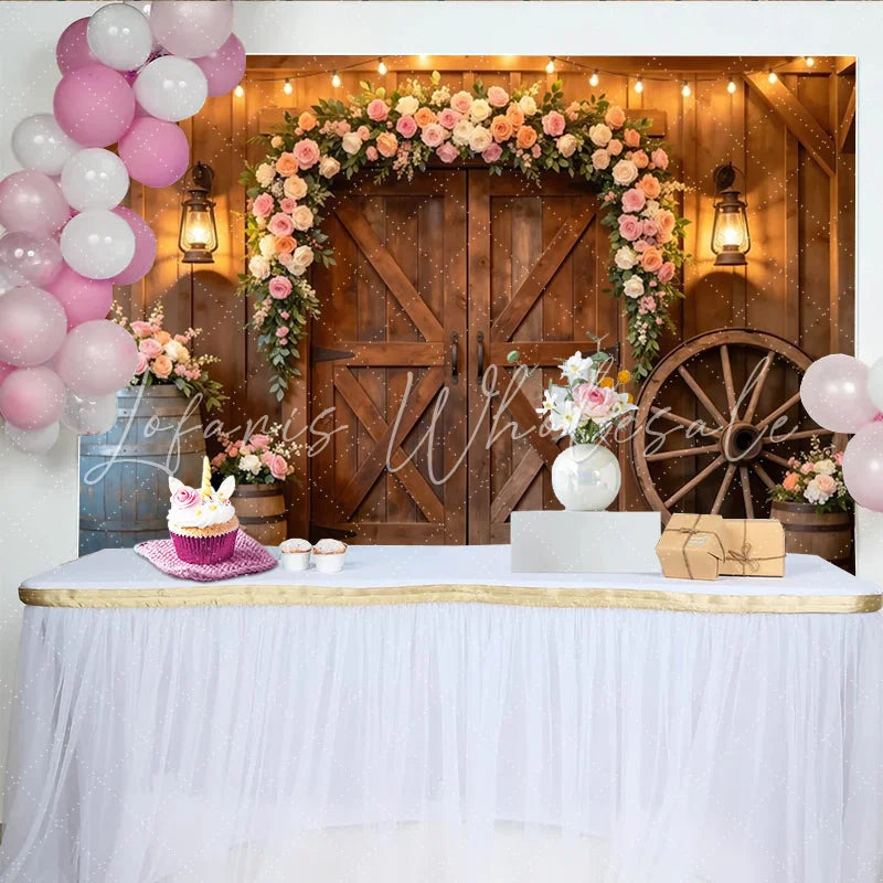 Lofaris Rustic Barn Wooden Door Floral Arch Photography Backdrop with String Lights and Wagon Wheel Elegant Event Background