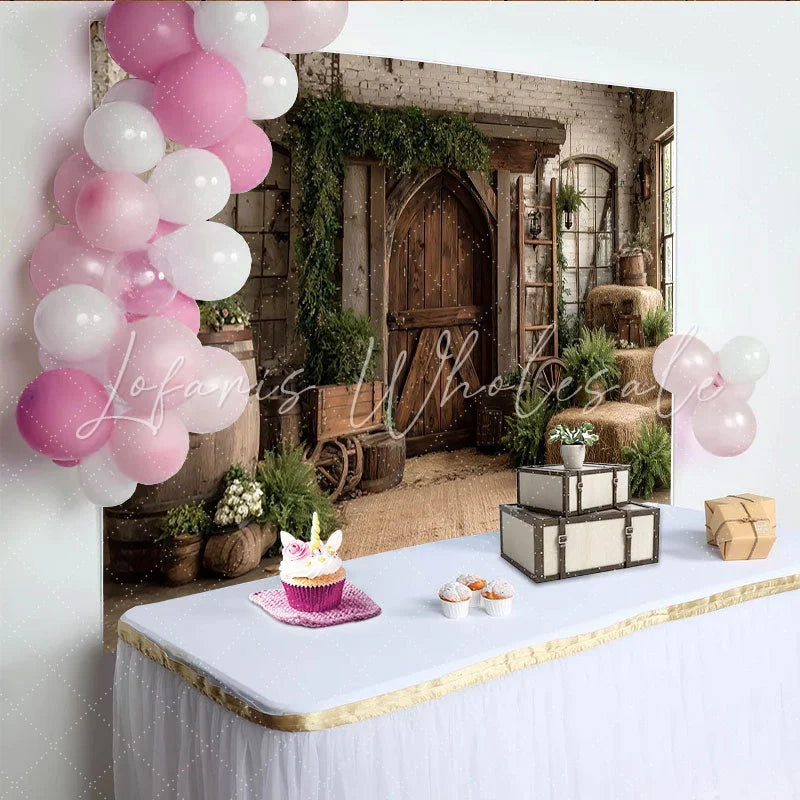 Lofaris Rustic Barn Wooden Door Photography Backdrop with White Brick Wall Hay Bales and Greenery Studio Background for Farmhouse Portrait