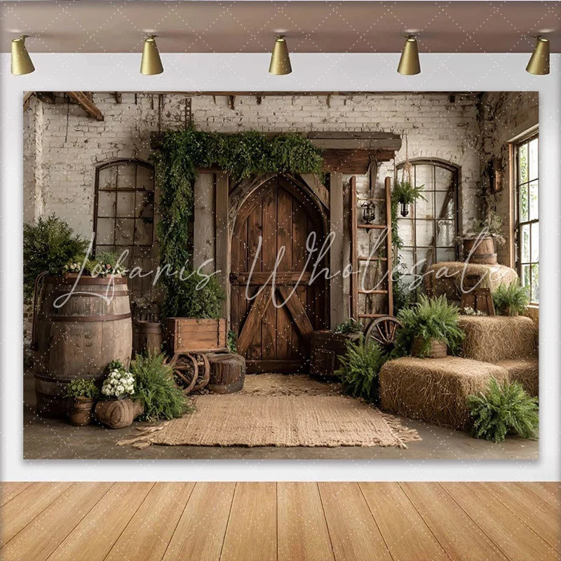 Lofaris Rustic Barn Wooden Door Photography Backdrop with White Brick Wall Hay Bales and Greenery Studio Background for Farmhouse Portrait
