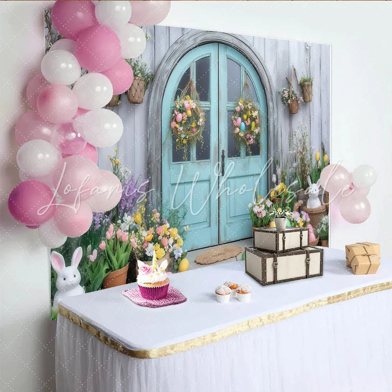 Lofaris Rustic Blue Door with Easter Eggs and Bunnies Party Backdrop Spring Floral Garden Celebration Decor