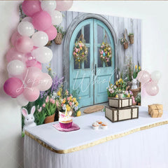 Lofaris Rustic Blue Door with Easter Eggs and Bunnies Party Backdrop Spring Floral Garden Celebration Decor