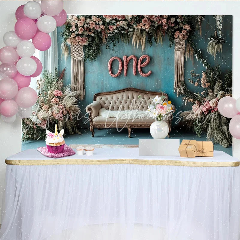 Lofaris Rustic Blue One 1st Birthday Backdrop with Pink Floral and Sofa Elegant Vintage Photography Background for Baby Photoshoot