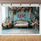 Lofaris Rustic Blue One 1st Birthday Backdrop with Pink Floral and Sofa Elegant Vintage Photography Background for Baby Photoshoot